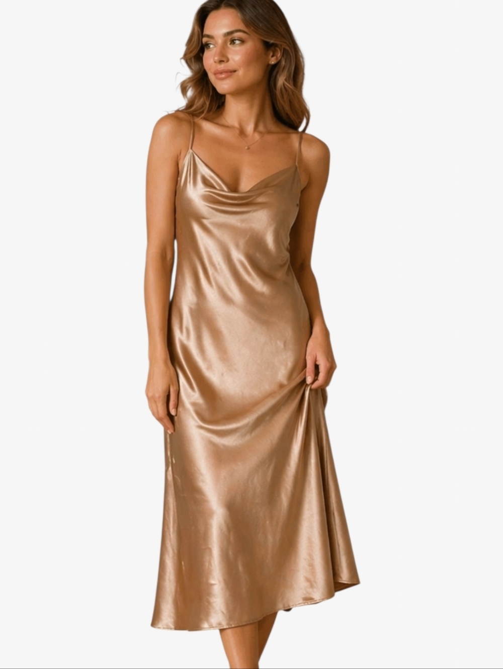 Gold Satin Slip Dress Midi Cowl Neck Bias Cut Expressions California Vintage 90s